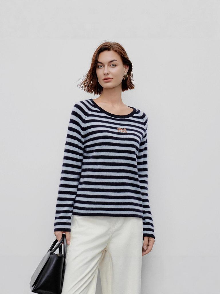 Women's 2026 Spring/Autumn Round Neck 100% Cashmere Knit Outerwear with Striped Letter Design.