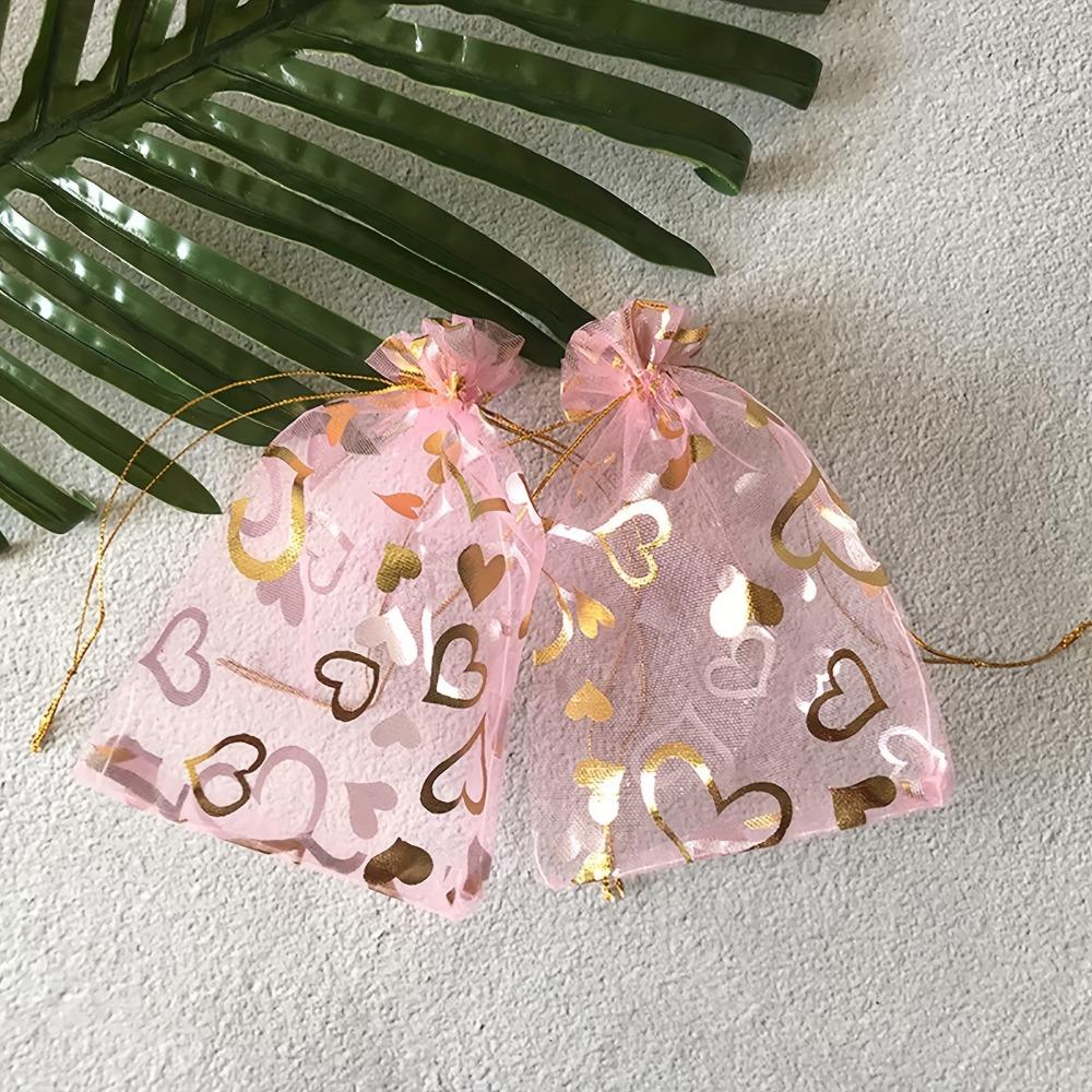 50pcs Pink Heart-Shaped Printed Organza Drawstring Bags with Golden Heart 4.72x3.54 Inches Durable Reusable Gift Bags Suitable
