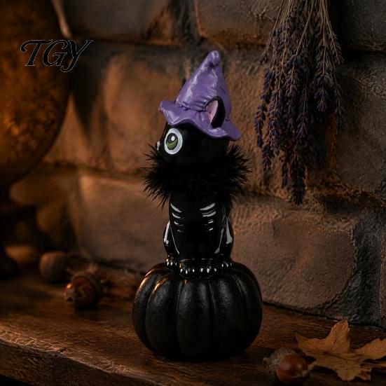 Creative Halloween Home Accents Pumpkin Witch Hat Black Cat Ornament, Resin Desktop Skeleton Festive Holiday Showcase Decor Statue, Cartoon