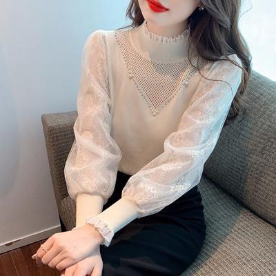 Primavera outono nova francesa meia gola alta renda camisa de fundo feminina manga longa malhas pullvers topo