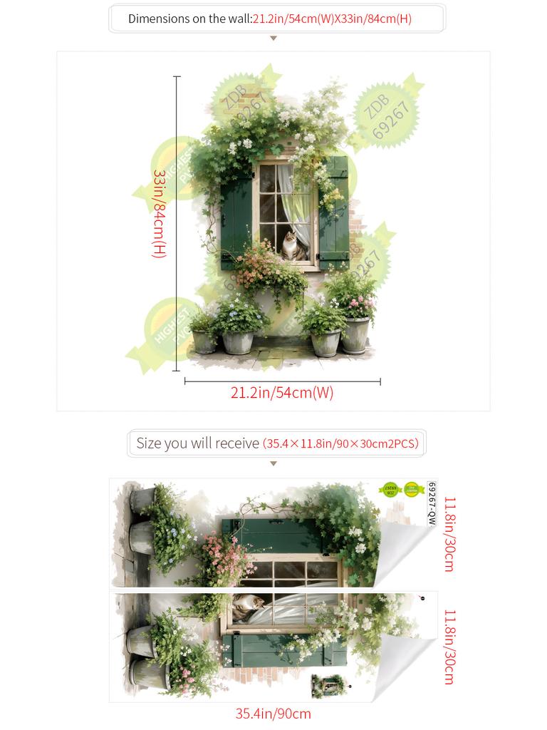 Faux Window with Potted Plants Flowers Wall Sticker Removable Self-Adhesive for Living Room Bedroom Background Wall Decor Art