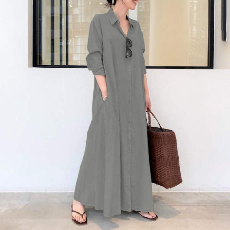 Women's Long Dress Stand Collar V-Neck Long Sleeve Maxi Dresses Loose Solid Color Button Daily Dress