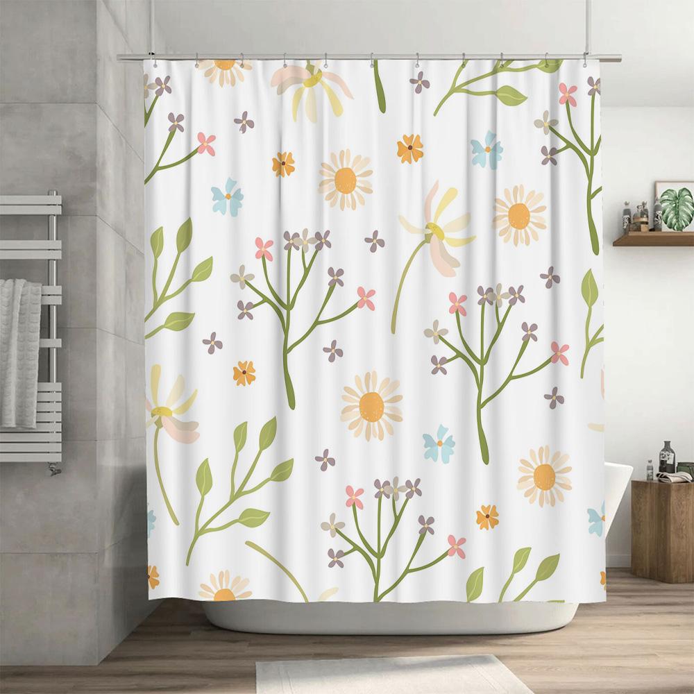 Spring Floral Shower Curtain Soft Waterproof Fabric Decorative Bathroom Liner for Kids' Bathroom White Green Yellow Purple Color