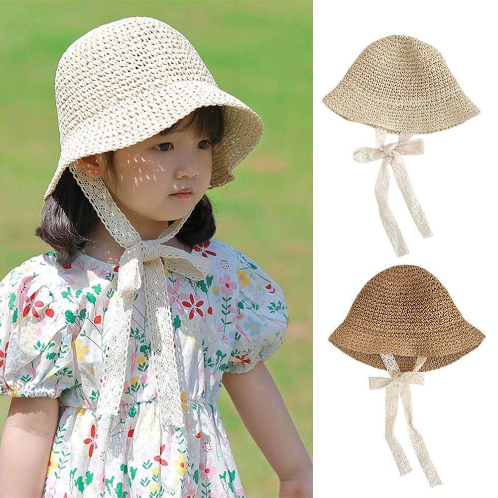 

Spring Summer Children Straw Hats Outdoor Baby Sun Hat Fashion Lace Ribbon Straw Hat for Girls 1-3y хакі