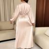 Women Summer Satin V-Neck Dress Elegant Long Gown with Puff Sleeves & Cinched Waist