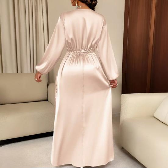 Women Summer Satin V-Neck Dress Elegant Long Gown with Puff Sleeves & Cinched Waist