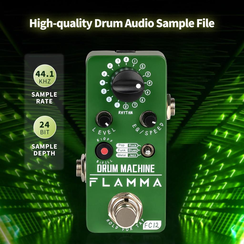 FLAMMA FC12 Drum Machine with FILL Function Guitar Drummer Pedal 6 Types of Music Up To 48 Drum Grooves Tap Tempo EQ Preset Drummer Green Real-time