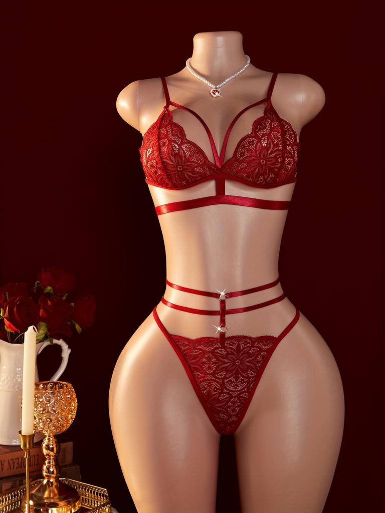 Women's Sexy Lace Sheer Mesh Lingerie Set, 3-Piece Tie-Up Design with Elastic Straps