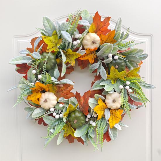 Simulated Wreath Autumn Maple Leaf Pumpkin Pine Cone Berry Wreath Realistic Simulated Fall Harvest Thanksgiving Door Decor