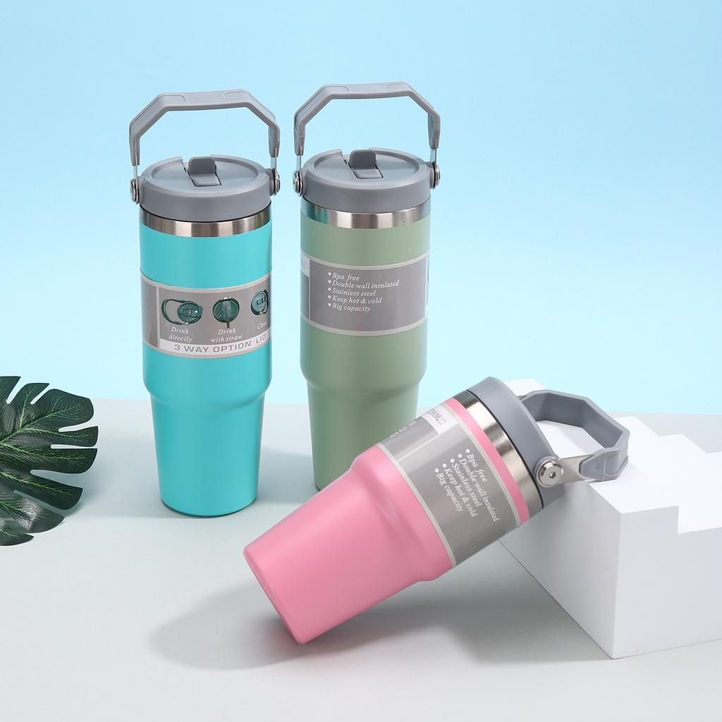 30oz Single Drink Portable Car Cup 304 Stainless Steel Vacuum Thermos Cup Large Capacity Straw Ice Bar