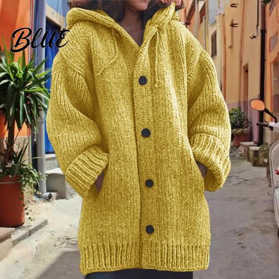 Vielseitiger Damen Pullover Jacke Mantel Mit Kapuze Kordelzug Langarm Einzelknöpfig Einfarbig Gestrickt Mittellang Oberbekleidung Locker Sitzend Cardigan