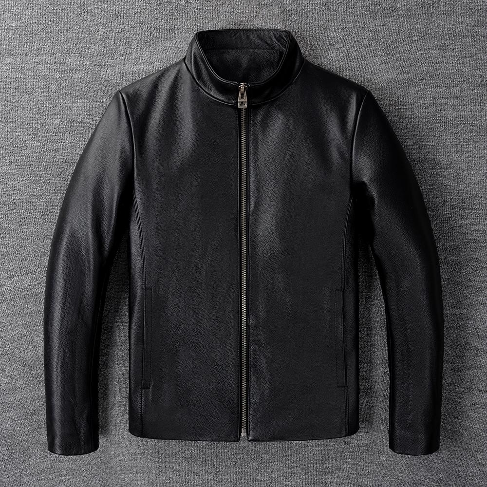 Casual Men Leather Jacket Thin Soft Cow Leather Black Brown Standard Collar Men's Short Coat Spring