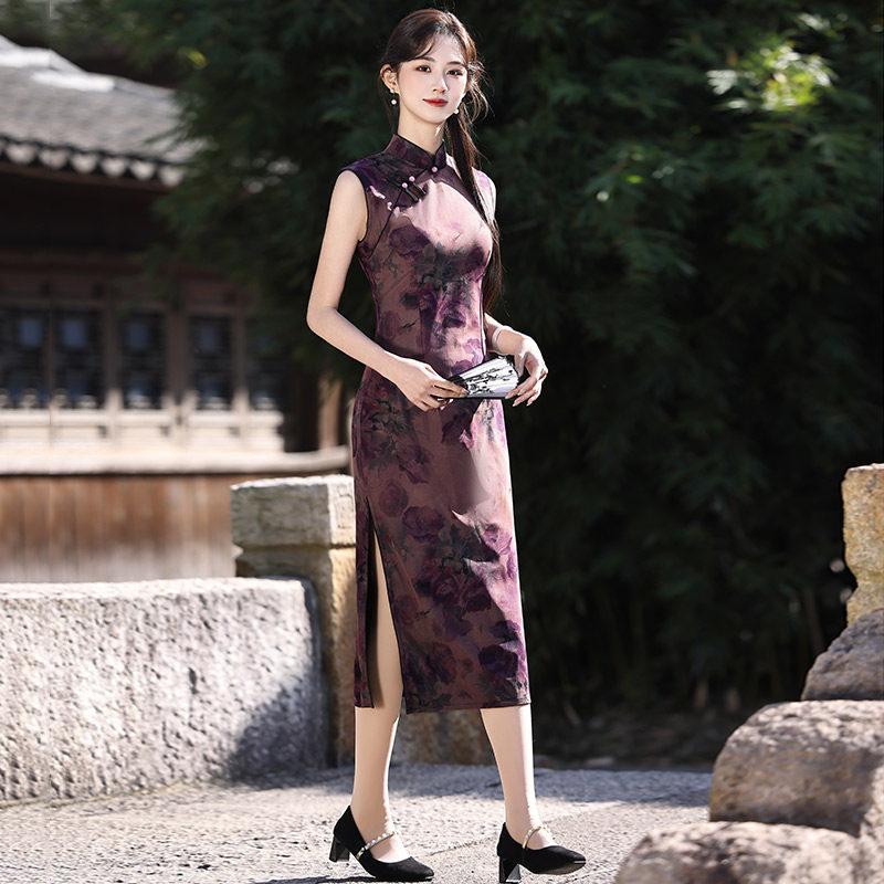 Purple sleeveless national style new Chinese daily Suzhou long cheongsam improved young 1011 new women's high sense