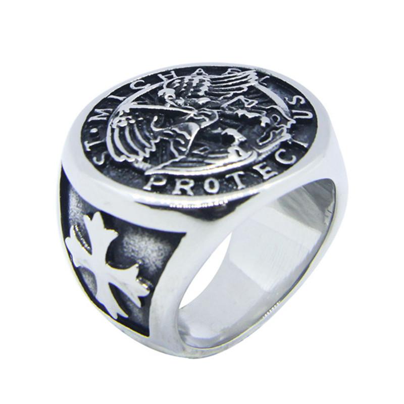 

Solid Size 7-14 Cross Saint Michael Protect US Ring 316L Stainless Steel Angel Man Ring 7 серебряный