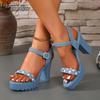 2025 Summer Women's Sandals Platform Bow Tie Buckle Strap Dress Sandals Chunky High Heel Shoes Blue Denim Outwear Shoes