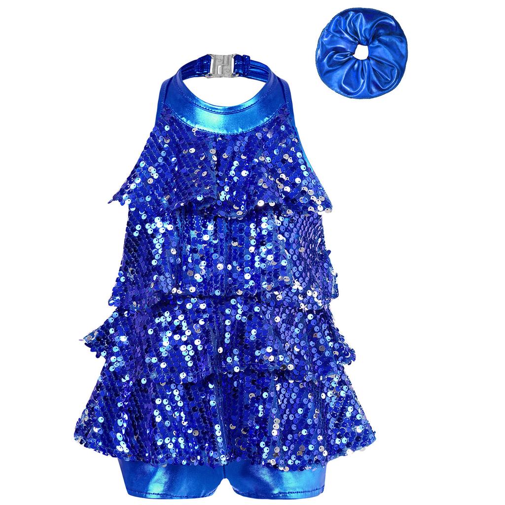 Kids Dance Leotard Halter Neck with Shiny Sequins Ruffles for Jazz Latin Performance Costume