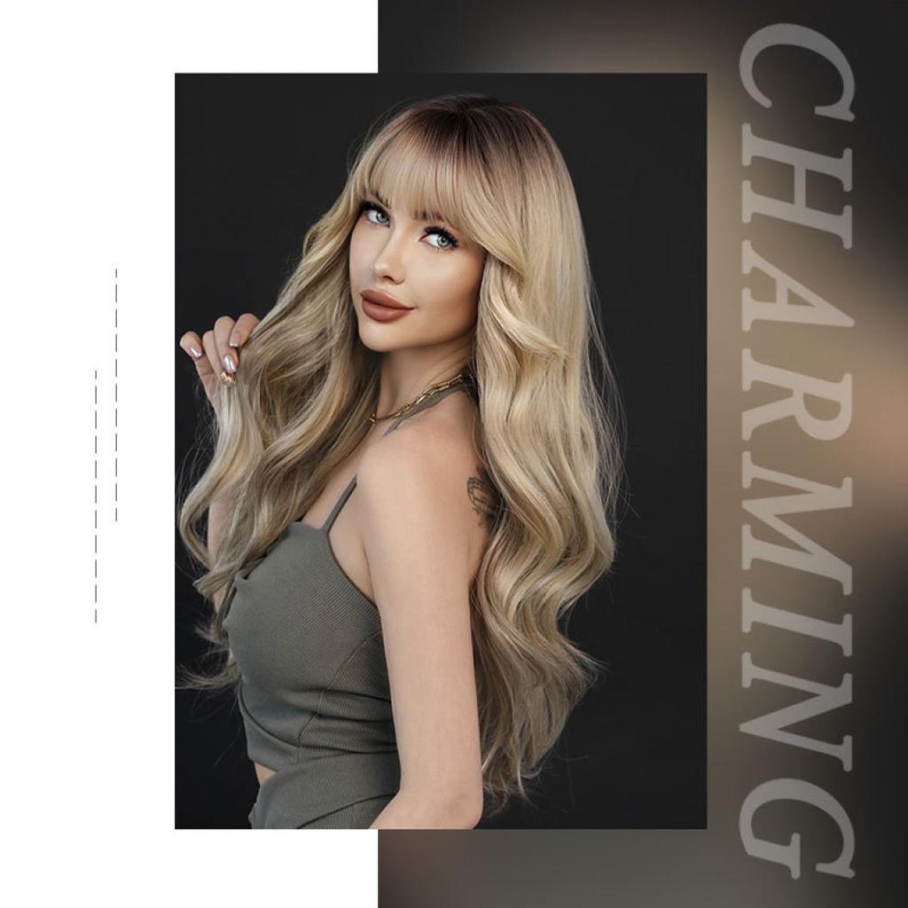 Women's Simulation Wig 67cm Hair Golden Wig Long Curly Wig Full Headgear Rose Hair Net Headdress Beauty Decoration Wig