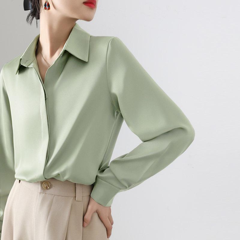 Women's Retro Satin Loose-Fit Long Sleeve Shirt - Hidden Placket, Hong Kong Style, Light Luxury for Spring & Autumn