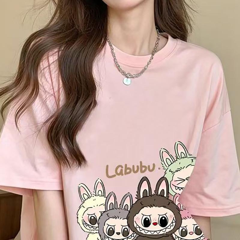 Labubu Print Women Short Sleeve T-shirt Summer Casual Fashion Clothing Girl Cartoon Cute Anime Printed Tops