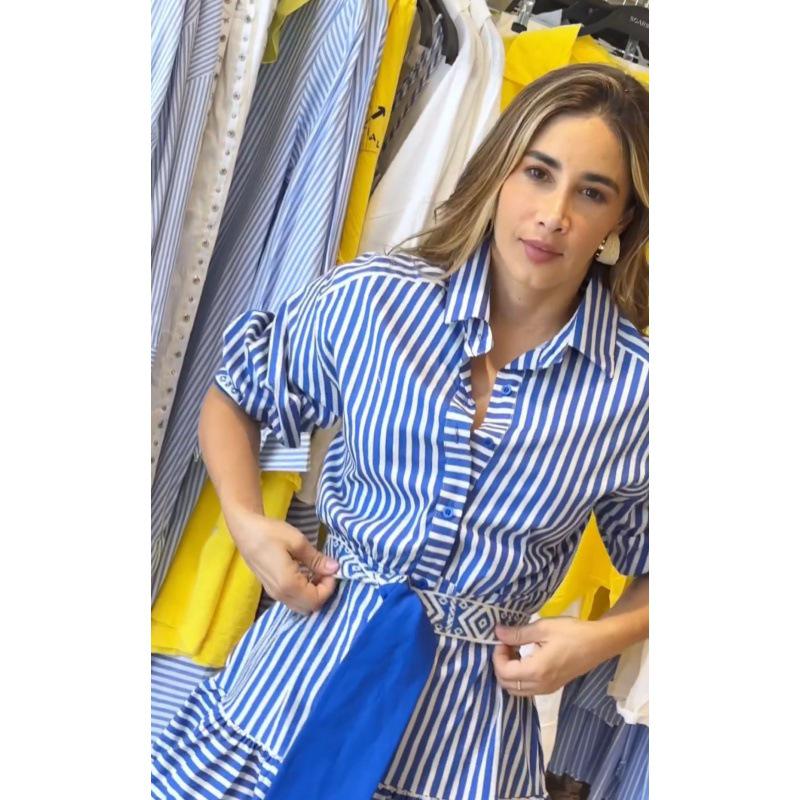 

2023 Осень Европейская и Американская Мода Полосатое Платье, Подчеркивающее Талию Medium синий