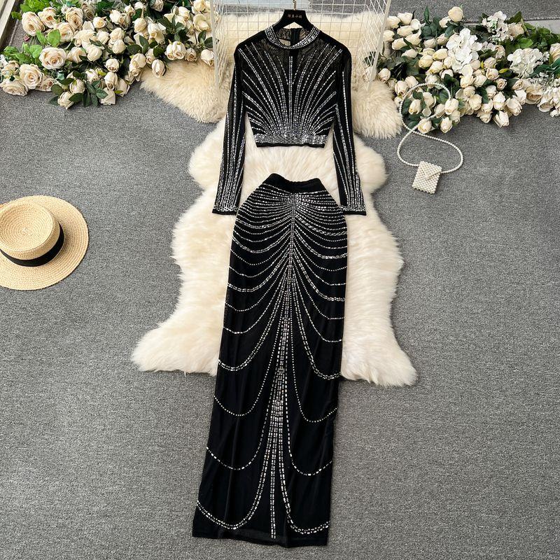 Fashion Socialite Style Suit Women's Accessible Luxury Heavy Embroidery Hot Drilling Long Sleeves Tops + Skirt Sheer Mesh Dress Fashion