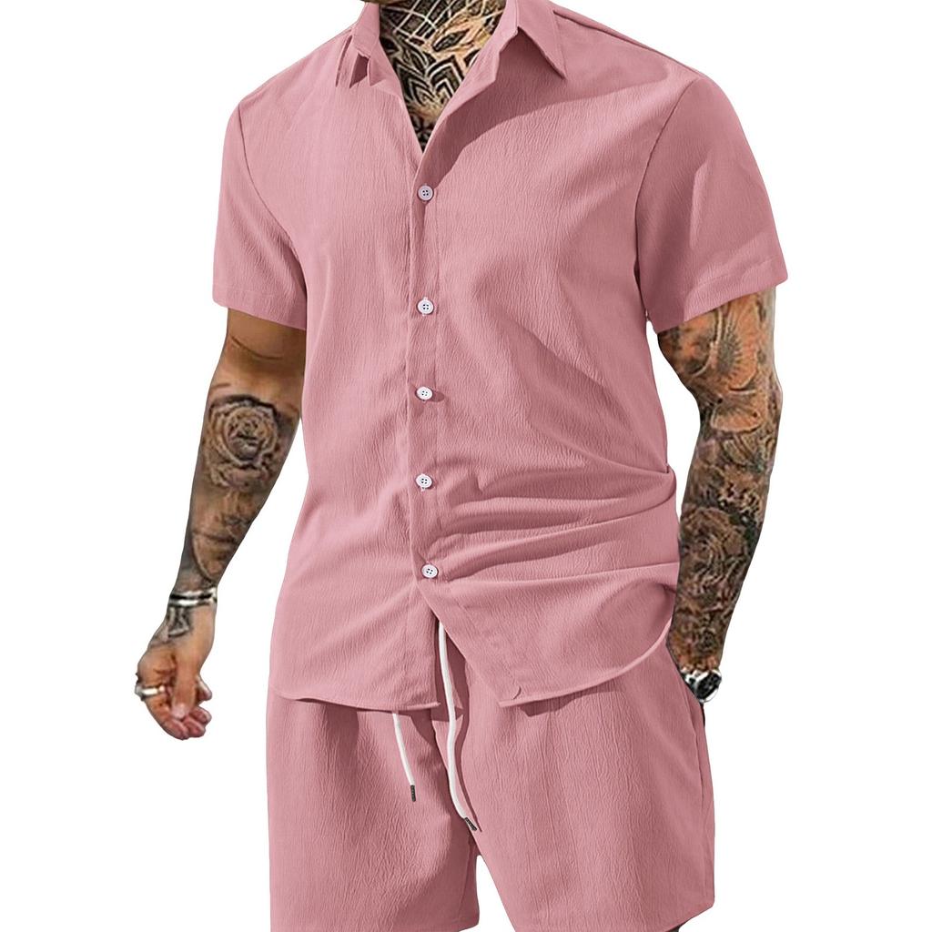 Men's Summer -Color Collared Button-Down Shirt And Shorts Set