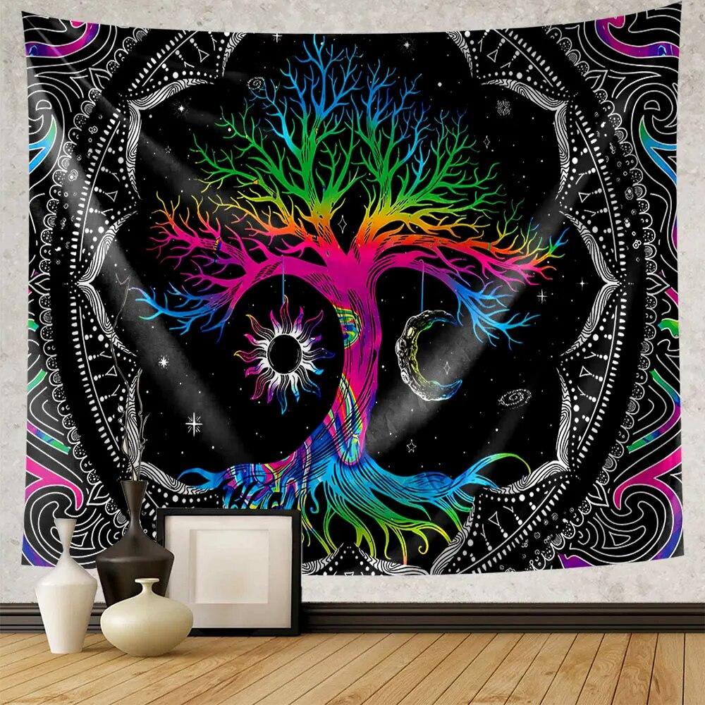 Green Tree of Life Tapestry Hippie Psychedelic Sun and Moon Wall Hanging Witchcraft Aesthetic Home Decoration Background