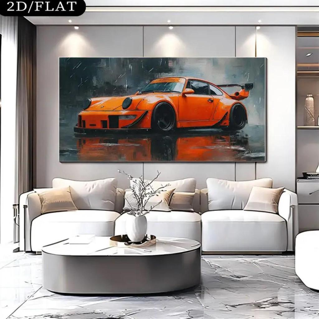 Sports Car Racing Wall Art: Oil Canvas Painting with Pine Wood Frame for Bedroom or Living Room Sofa Background