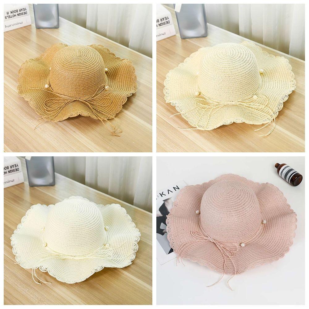 French Style Pearls Strap Straw Hat Wide Brim Women's Sun Hat Ins Folding Straw Hats  Girls