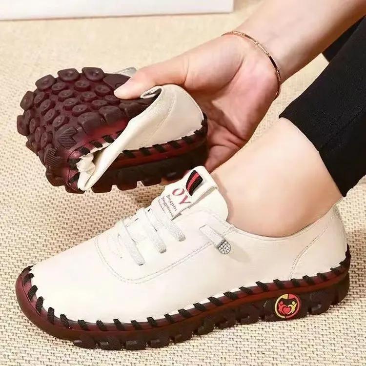 Fashion Women's Wide Fit (Sizes 35-45) Leather Sneakers Flat Elastic Slip-On Loafers – Comfortable Casual Shoes for Moms Women's Shoes