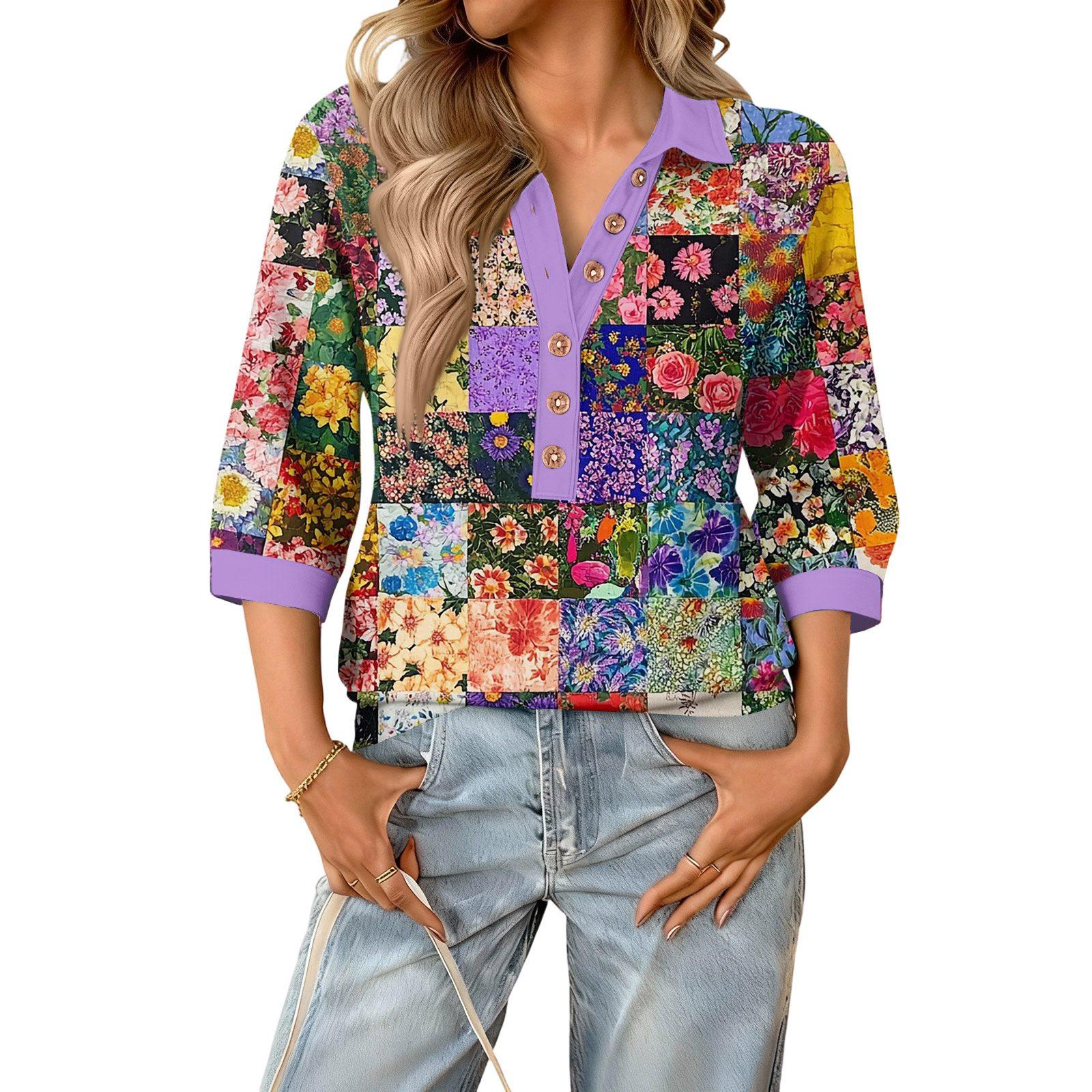 

Women s fashionable and casual summer V,neck patchwork three,quarter sleeve floral top XL чорний