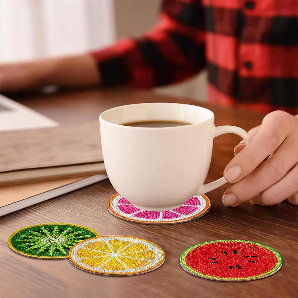 Reofrey Diamond Art Coasters, Round Fruit Shape, 6-Piece Diamond Art Kit with Cork Coasters, DIY Diamond Beads for Beginners and Adults, with Holder,