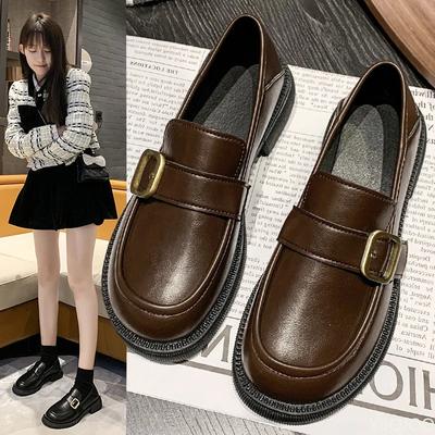 Módní černé dámské kožené boty Elegantní Retro Britský styl Obuv Silná podrážka Sponové mokasíny Módní ležérní dámské baleríny Zapatos