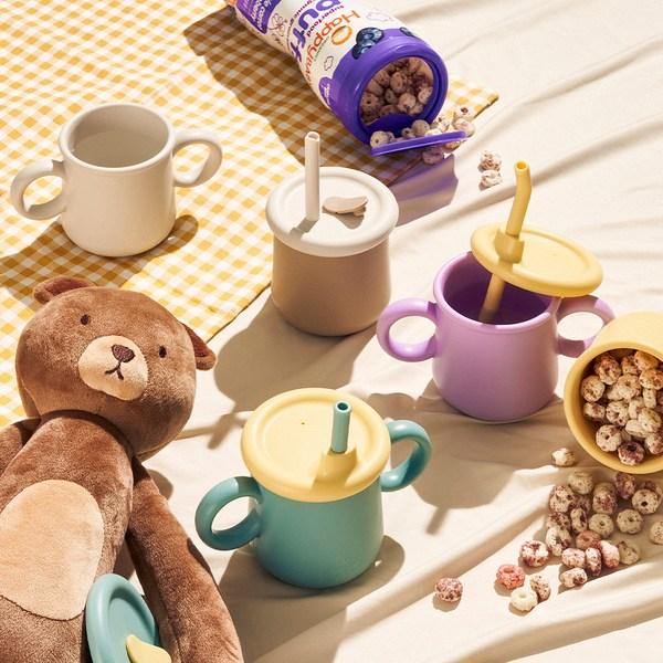 Lock&Lock Little Rub Silicone Straw Cup for Infants 200ml + 2 Types of Dedicated Straws Set, Cream (cup/cross Straw), Beige (broken Straw), 1 Set