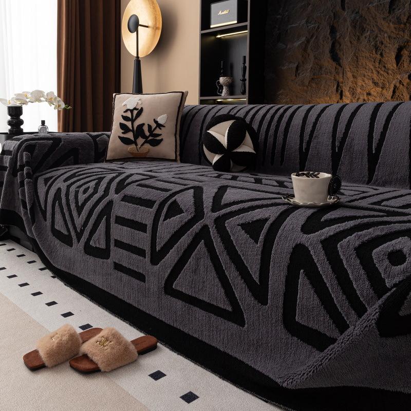 1pc Plush Sofa Cover - Modern Black & White Geometric Pattern,it for 1/2/3/4-Seater & Sectional Sofas - Luxury Living Room Decor