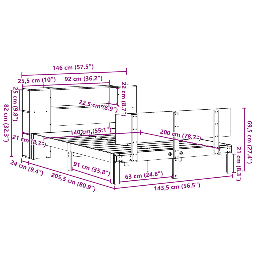 Solid Wood Bed with Shelf Without Mattress White 140x200 cm Pine