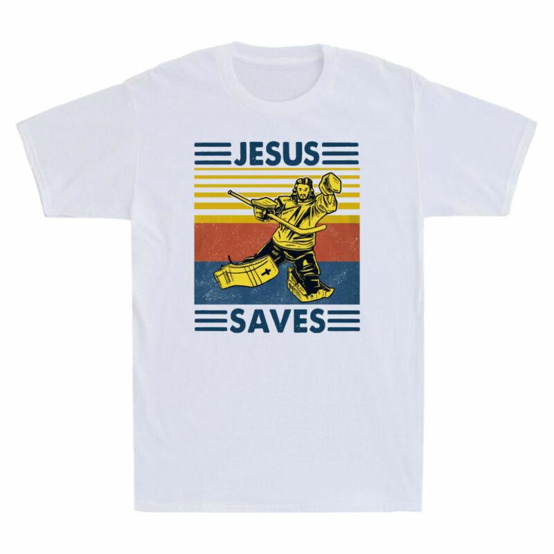 Jesus Saves Hockey Goal Vintage Men039;s Short Sleeve T Shirt Retro Cotton Tee Gift Unisex T-Shirt XXL