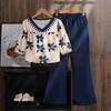 Girls' Fashionable Blue Set: Spring/Summer Children's Elegant V-Neck Top and Wide-Leg Pants Two-Piece Set