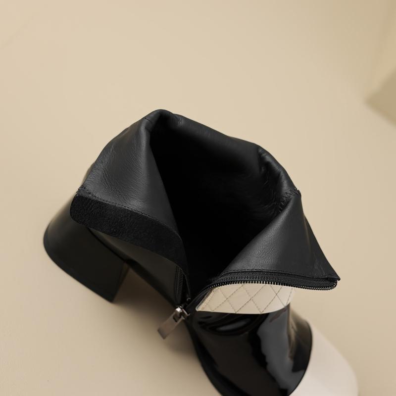 Fashion Women's New Autumn Dong Diamond Pearl Flower Color Block Leather Mid Heel Extra Large Calf Zipper Chelsea Short Boots