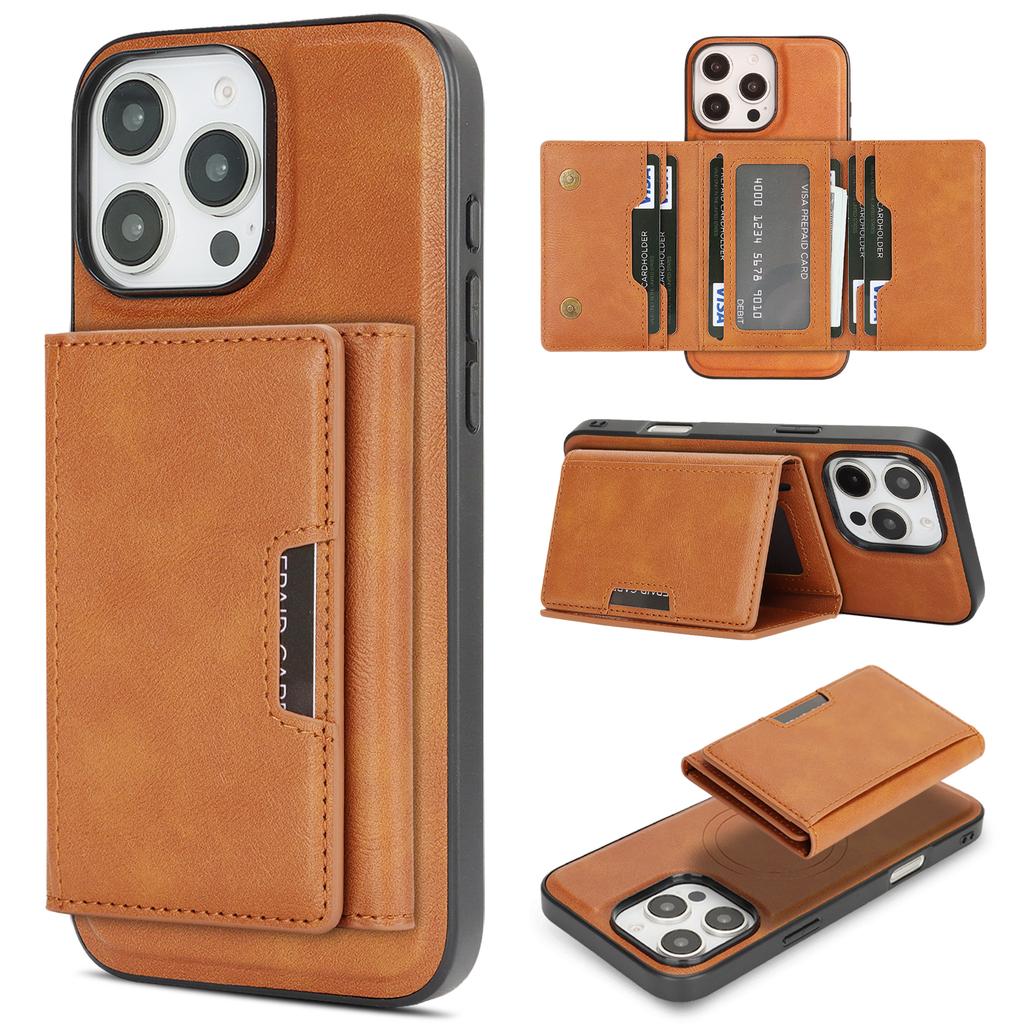 For iPhone 14 Pro Kickstand Case Tri-fold Card Bag PU Leather Coated TPU Cover Compatible with MagSafe