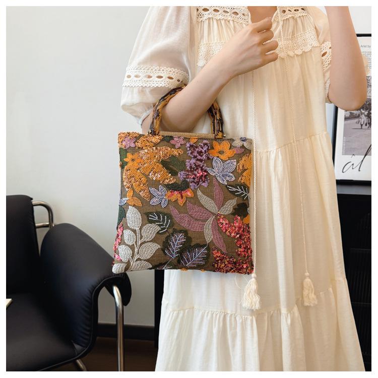 2024 Women's Cross-border Linen Bamboo Handbag with Embroidery and Sequins
