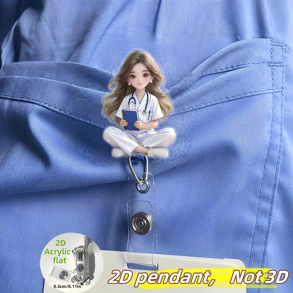 2D Flat Acrylic Cartoon Nurse & Doctor Card Holder, Retractable Badge Reel, Hospital ID Badge & Chest Pin for Doctors & Nurses