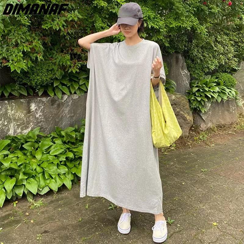 

DIMANAF женское 2023 плюс размер новое летнее однотонное платье длинное платье-футболка свободные модные базовые платья макси серого цвета оверсайз
