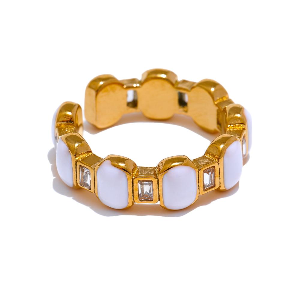 

Yhpup White Enamel Cubic Zircon Gold Color Ring for Women Stainless Steel Elegant Fashion Finger Jewelry Accessories Gift