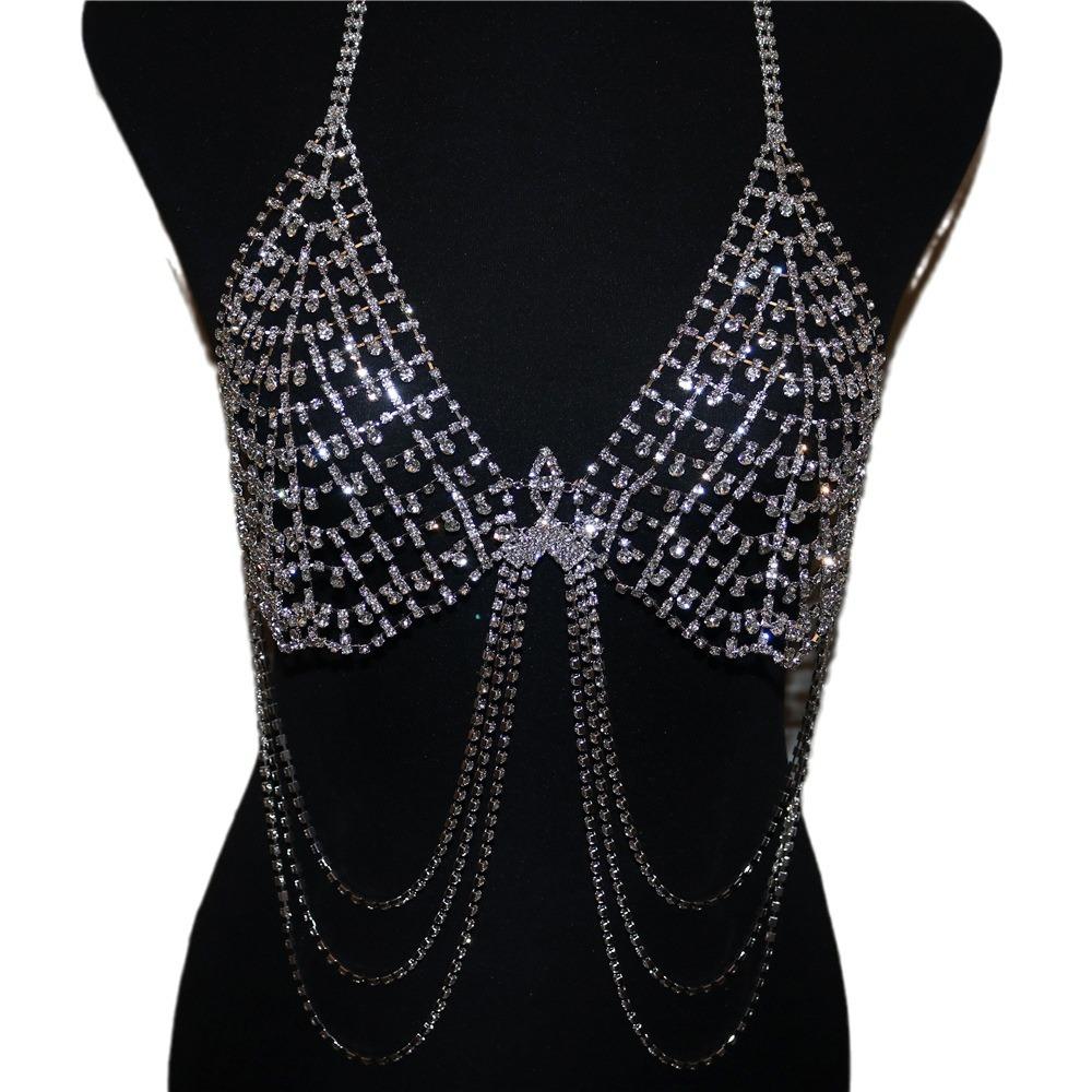 Exaggerated Rhinestone Sling Bra Chain Fringed Belly Dance Waist Chain Sexy Flash Diamond Thong Body Chain Set