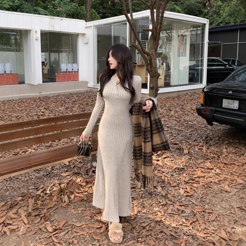 Französisches Temperament Strickpulloverkleid Damen Herbst und Winter Neues Oberteil mit schmalem Unterkleid