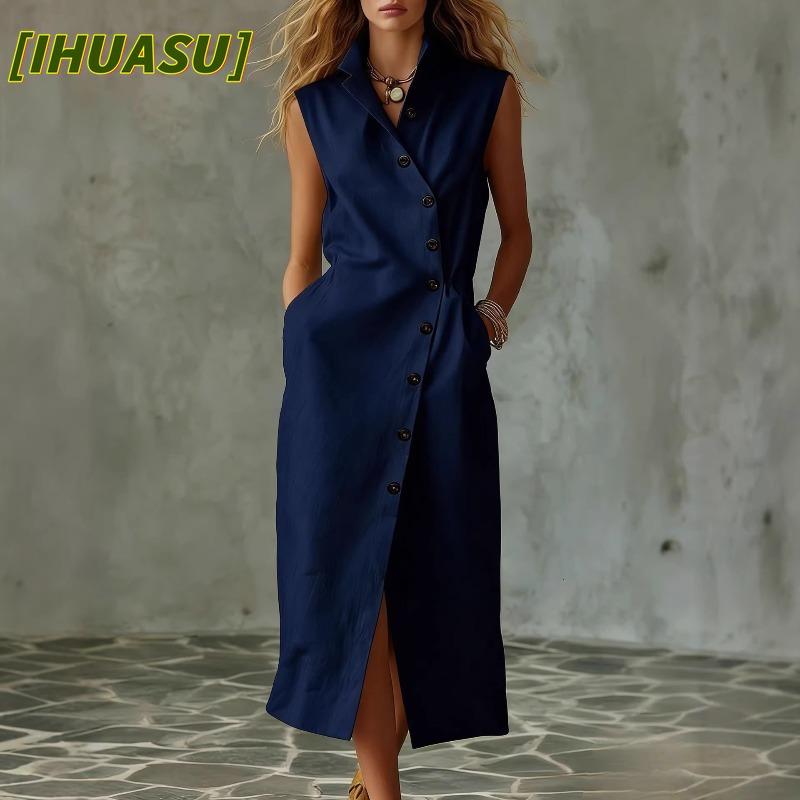 IHUASU Moda Estate Primavera Colore Unico Stampa Senza Maniche Abiti Casual Design Unico