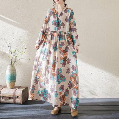 Niche O-Neck Vintage Dress Woman Spring Fashion Personality Print Long Sleeves Loose Dress