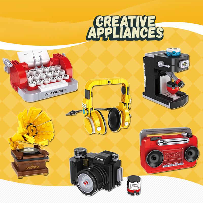

Vintage Mini Coffee Machine Camera Assembly Building Blocks Model Simulation Appliances Radio Typewriter Bricks Toys For Kids