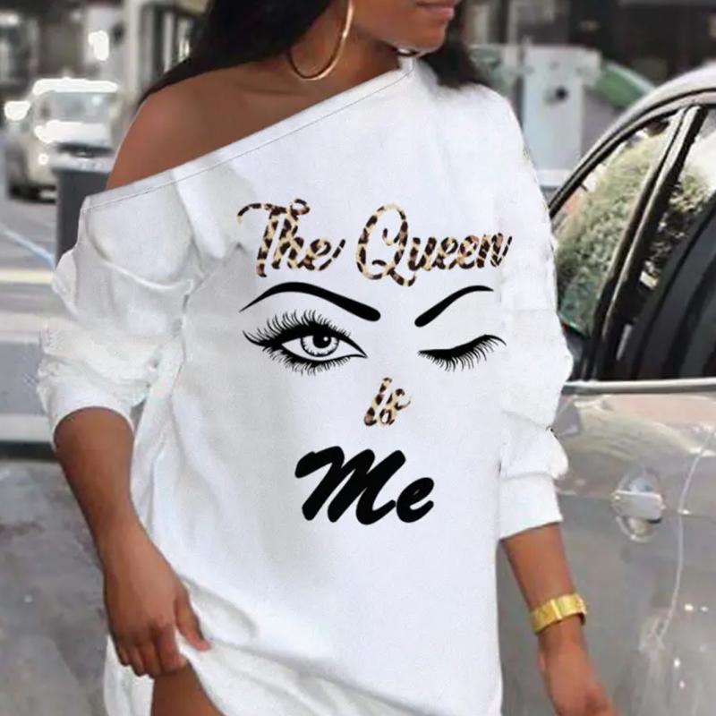 Slant Shoulder Queen Poker Print Dress, Long Sleeve Casual Dress For Fall & Spring, Women's Clothing